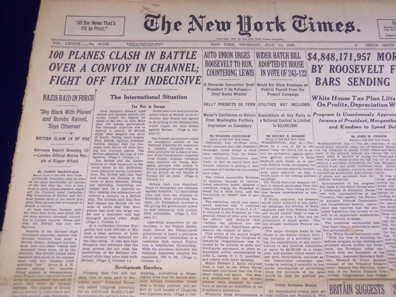 1940 JULY 11 NEW YORK TIMES - 100 PLANES CLASH OVER CHANNEL - NT 2731