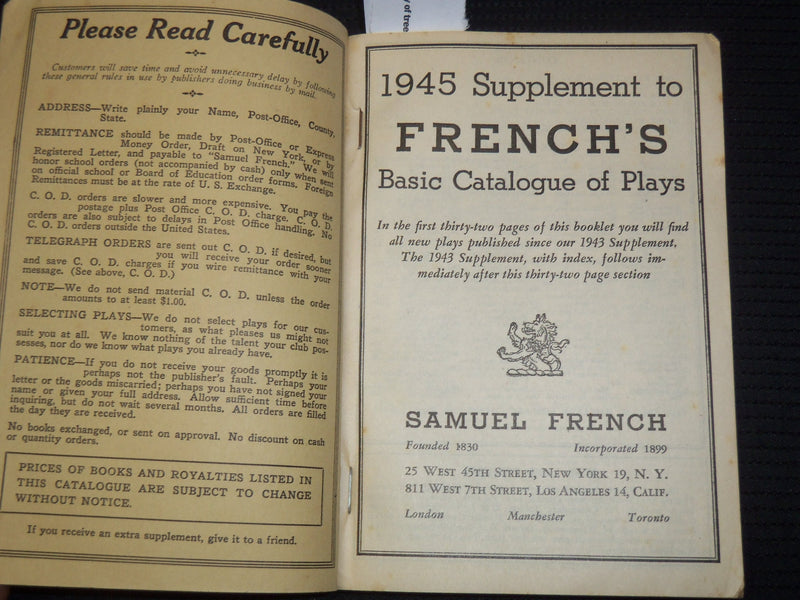 1945 SUPPLEMENT TO FRENCH'S BASIC CATALOGUE OF PLAYS - SOFTCOVER BOOK - K 2631