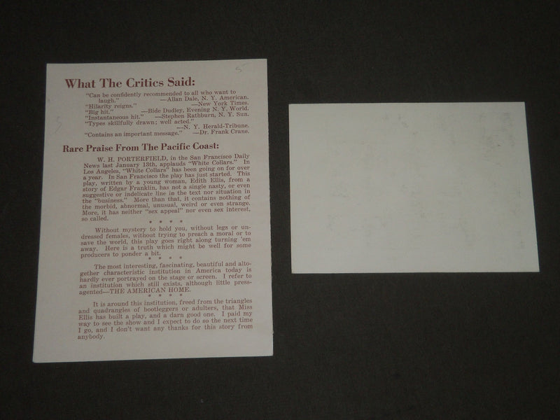 1930'S WHITE COLLARS PROMO CARD & PROGRAM - PLYMOUTH THEATRE - J 2396