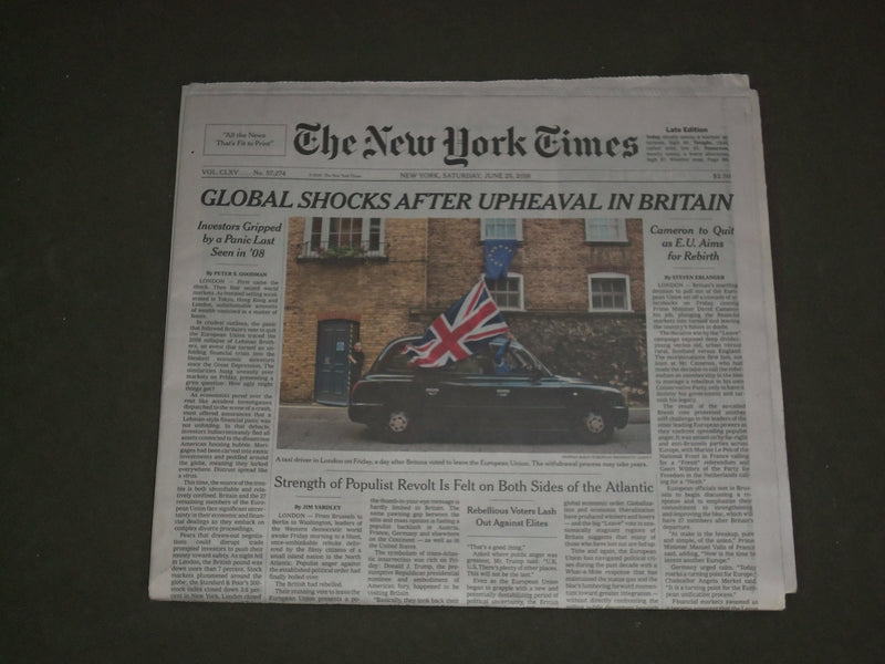 2016 JUNE 25 NEW YORK TIMES - GLOBAL SHOCKS AFTER UPHEAVAL IN BRITAIN