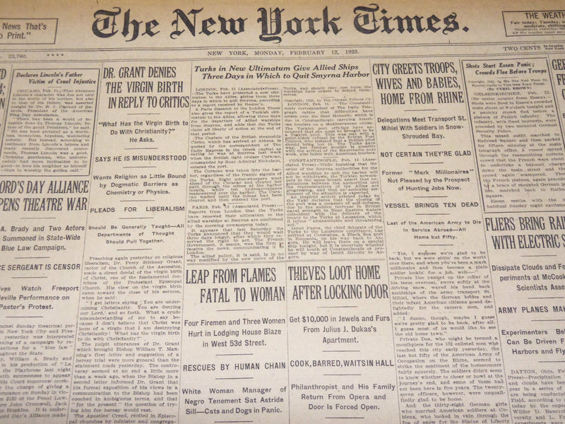1923 FEBRUARY 12 NEW YORK TIMES - DR. GRANT DENIES THE VIRGIN BIRTH - NT 7987