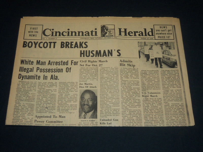 1963 OCTOBER 5 CINCINNATI HERALD NEWSPAPER - BOYCOTT BREAKS HUSMAN'S - NP 4395