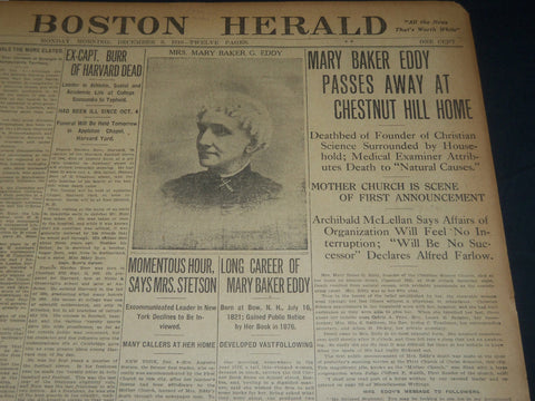 1910 DECEMBER 5 THE BOSTON HERALD - MARY BAKER EDDY PASSES AWAY - BH 280