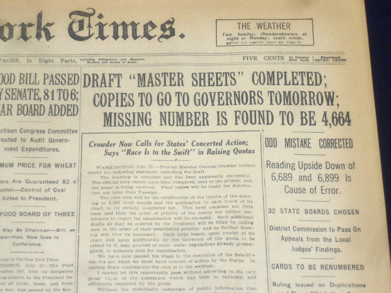 1917 JULY 22 NEW YORK TIMES - DRAFT MASTER SHEETS COMPLETED - NT 9316