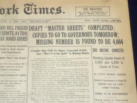 1917 JULY 22 NEW YORK TIMES - DRAFT MASTER SHEETS COMPLETED - NT 9316