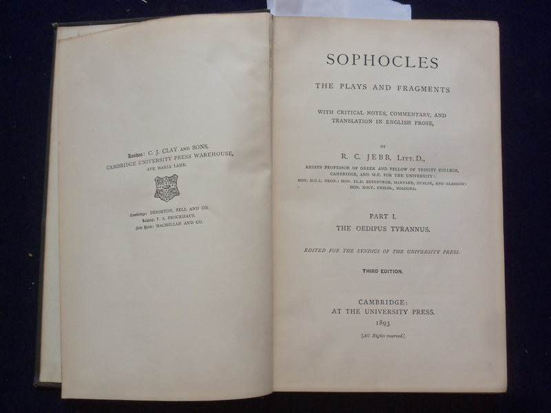 1893 SOPHOCLES THE PLAYS AND FRAGMENTS HARDCOVER BOOK BY R. C. JEBB - KD 9106