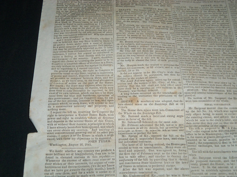1841 AUGUST 25 THE MASSACHUSETTS SPY NEWSPAPER - TYLER VETOES BANK BILL- NP 4175
