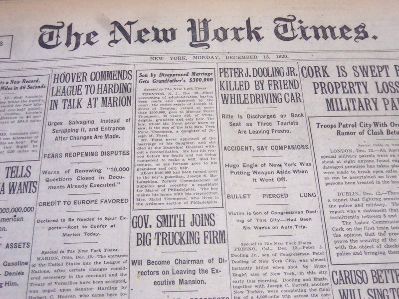 1920 DECEMBER 13 NEW YORK TIMES - CARUSO BETTER, WILL SING TONIGHT - NT 5888