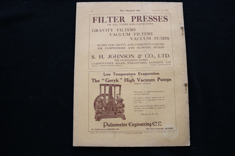 1922 SEPTEMBER 30 THE CHEMICAL AGE MAGAZINE - J.&A. CHRUCHILL COVER - SP 4924N