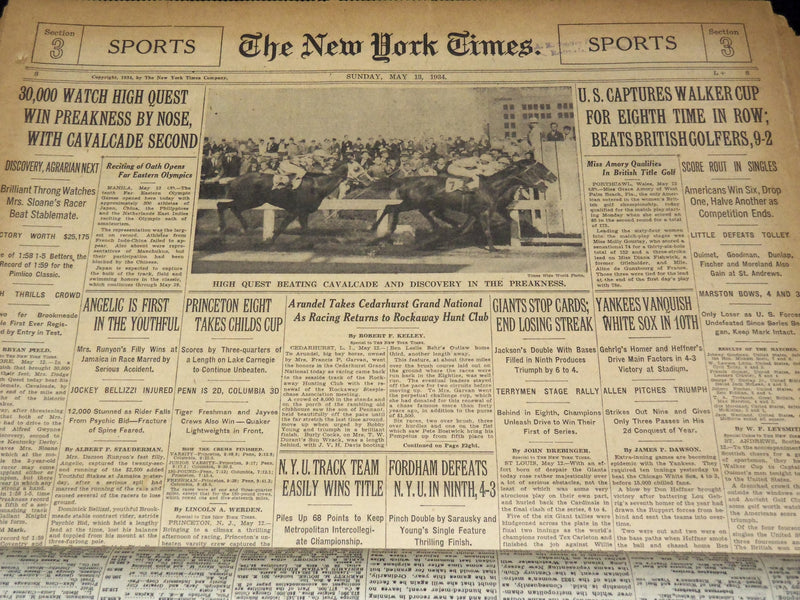 1931-1952 NEW YORK TIMES PREAKNESS WINNERS SPORTS SECTIONS LOT OF 18 - NTL 16F