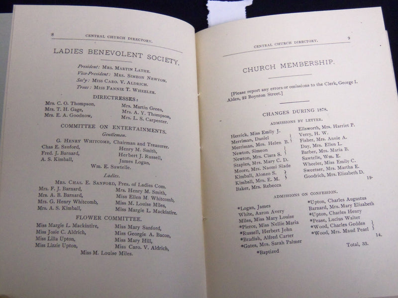 1879 CENTRAL CHURCH DIRECTORY - WORCESTER MASSACHUSETTS - J 8813