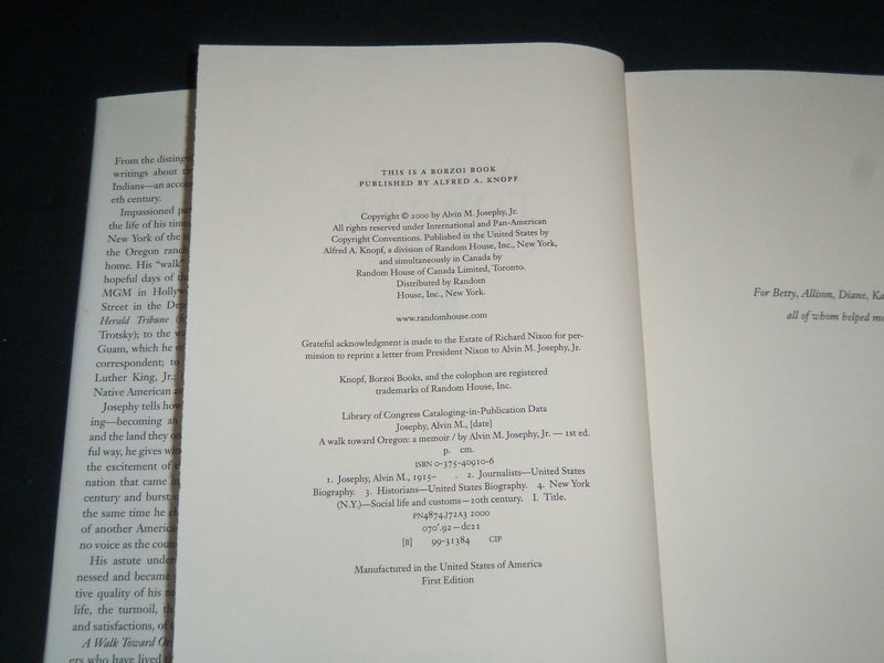 2000 A WALK TOWARD OREGON BOOK SIGNED BY ALVIN M. JOSEPHY JR. - KD 5544