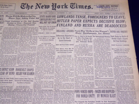 1939 NOVEMBER 11 NEW YORK TIMES - HITLER, ESCAPES MUNICH BLAST - NT 3041