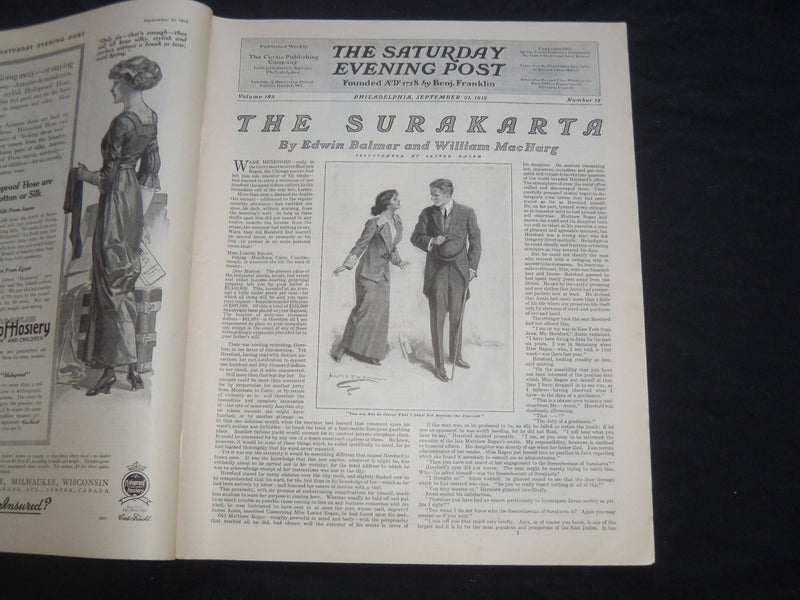 1912 SEPTEMBER 21 THE SATURDAY EVENING POST MAGAZINE - ILLUSTRATED COVER -SP 634