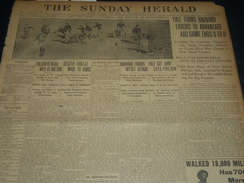 1910 NOV 20 THE BOSTON HERALD - TOLSTOI IS DEAD - HARVARD-YALE 0-0 - BH 284