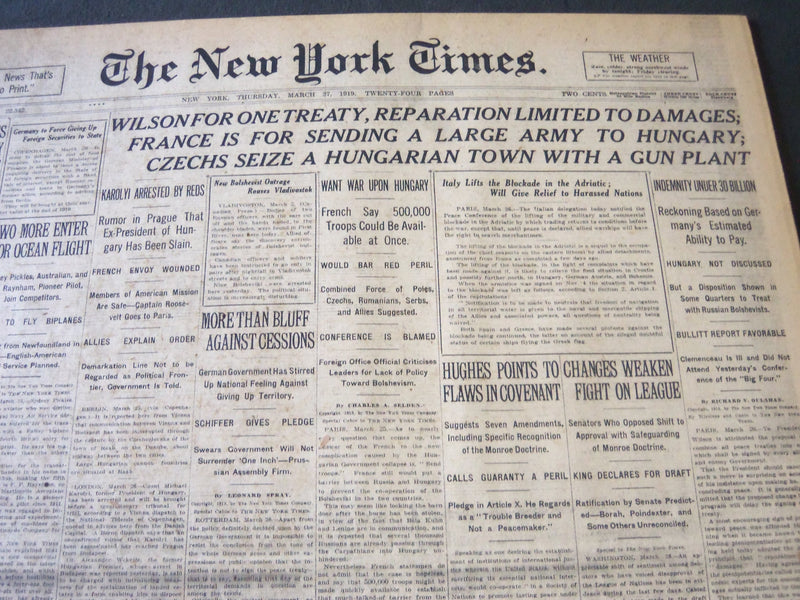 1919 MARCH 27 NEW YORK TIMES - WILSON FOR ONE TREATY - NT 6202