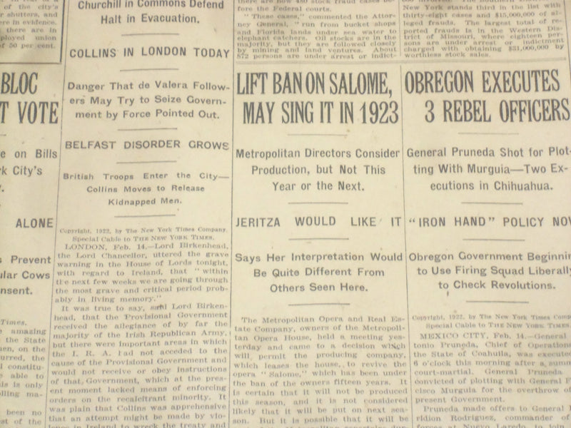 1922 FEBRUARY 15 NEW YORK TIMES - LIFT BAN ON SALOME, MAY SING IN 1923 - NT 9013