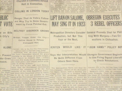 1922 FEBRUARY 15 NEW YORK TIMES - LIFT BAN ON SALOME, MAY SING IN 1923 - NT 9013