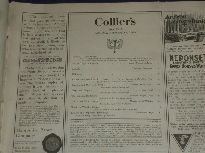 1908 FEBRUARY 15 COLLIER'S MAGAZINE - ABRAHAM LINCOLN BY T. ROOSEVELT - ST 6781