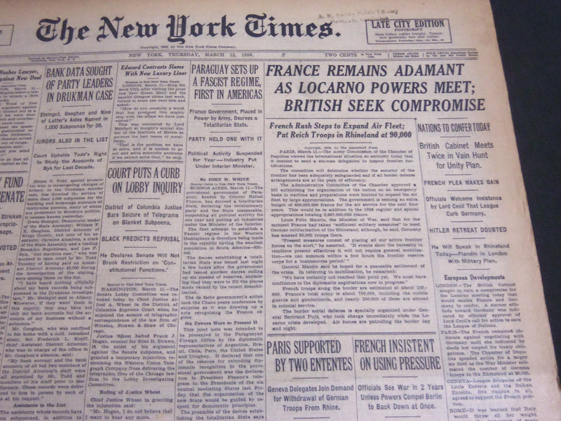 1936 MARCH 12 NEW YORK TIMES - FRANCE REMAINS ADAMANT AS LOCARNO POWERS- NT 6879