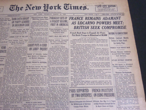 1936 MARCH 12 NEW YORK TIMES - FRANCE REMAINS ADAMANT AS LOCARNO POWERS- NT 6879