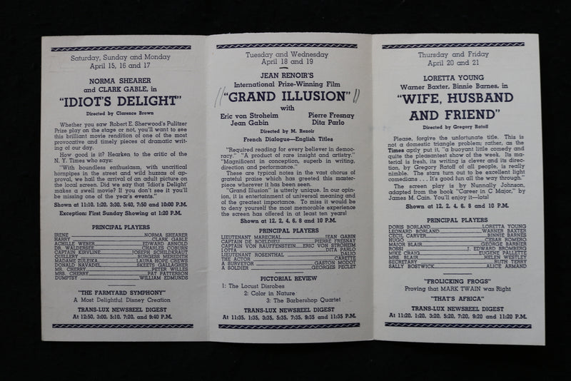 1939 APRIL 15-21 TRANS-LUX THEATRE PROGRAM - IDIOT'S DELIGHT-CLARK GABLE- K 1837