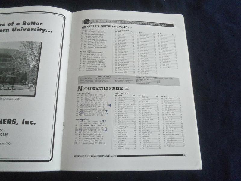 2005 SEP 3 FOOTBALL PROGRAM - NORTHEASTERN UNIV VS GEORGIA SOUTHERN - SP 1217M