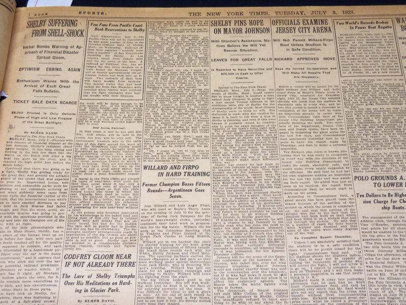 1923 JULY 3 NEW YORK TIMES NEWSPAPER - BOUT AT SHELBY OFF - NT 7736