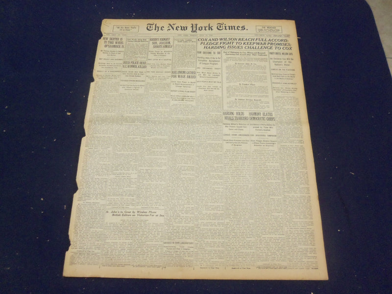 1920 JULY 19 NEW YORK TIMES - HARDING ISSUES CHALLANGE TO COX - NT 9344