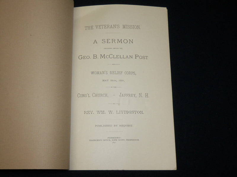 1891 GEO. B. MCCLELLAN POST SERMON BOOK - JAFFREY NEW HAMPSHIRE - J 6237