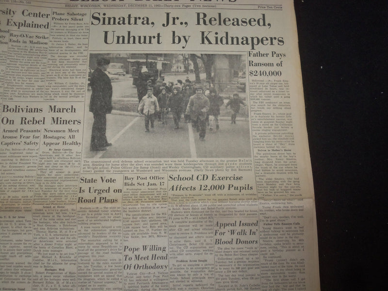 1963 DEC 11 BELOIT DAILY NEWS NEWSPAPER - SINATRA JR. RELEASED, UNHURT - NP 8055