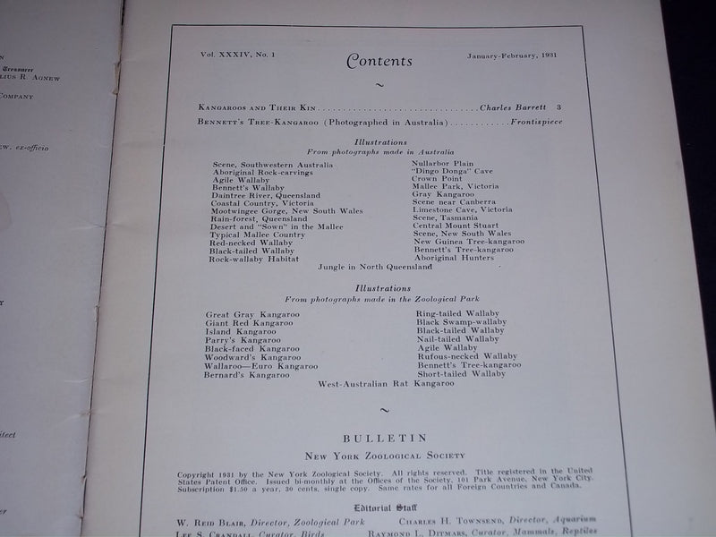 1931 JANUARY-FEBRUARY NEW YORK ZOOLOGICAL SOCIETY BULLETIN - J 5587