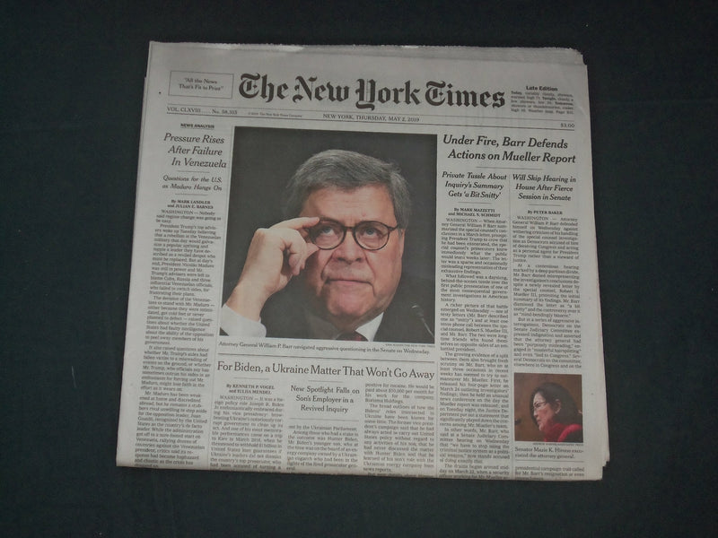2019 MAY 2 NEW YORK TIMES - UNDER FIRE, BARR DEFENDS ACTIONS ON MUELLER REPORT