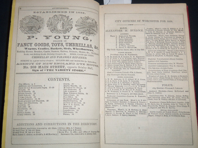1859 WORCESTER ALMANAC DIRECTORY & BUSINESS ADVERTISER - FOLD OUT MAP - KD 5295G