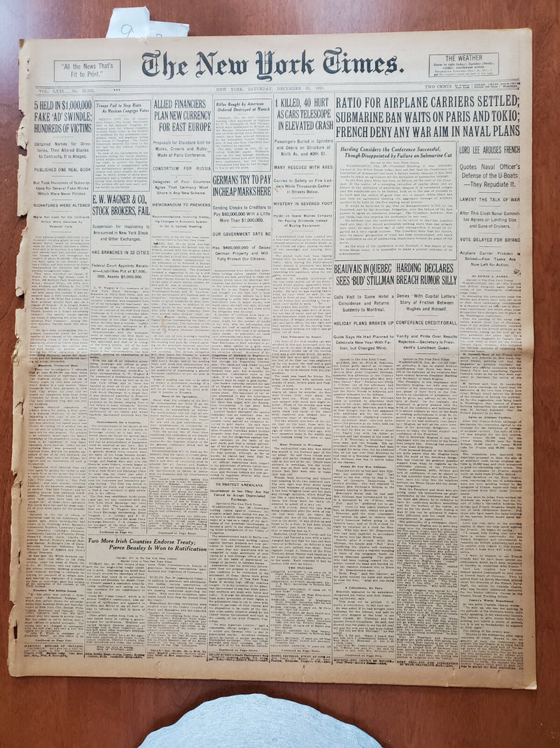 1921 DEC 31 NEW YORK TIMES NEWSPAPER - AIRPLANE CARRIERS RATIO SETTLED - NT 8043
