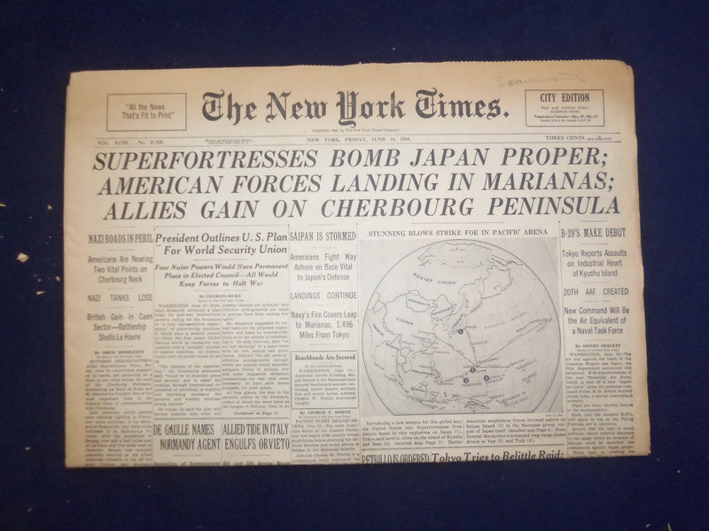 1944 JUNE 16 NEW YORK TIMES - SUPERFORTRESSES BOMB JAPAN PROPER - NP 6569