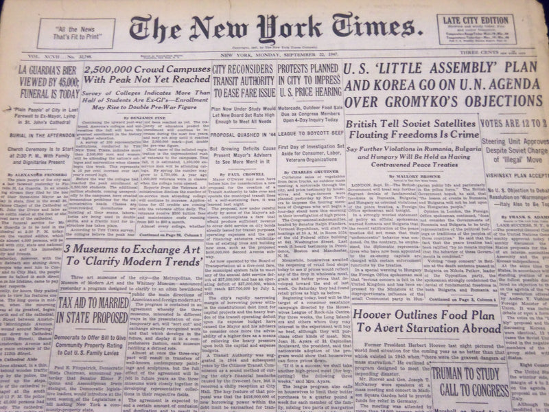 1947 SEPT 22 NEW YORK TIMES - LA GUARDIA'S FUNERAL BIER VIEWED BY 45,000- NT 176