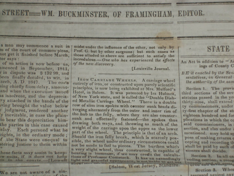 1847 SEPTEMBER 4 MASSACHUSETTS PLOUGHMAN NEWSPAPER -ETHERAL INHALATION - NP 5149