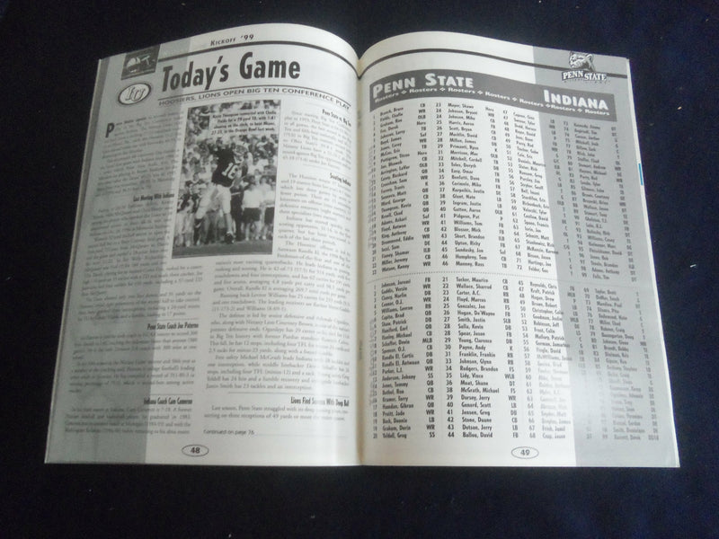 1999 SEPEMBER 25 FOOTBALL PROGRAM - PENN STATE UNIV VS INDIANA UNIV - SP 1215S