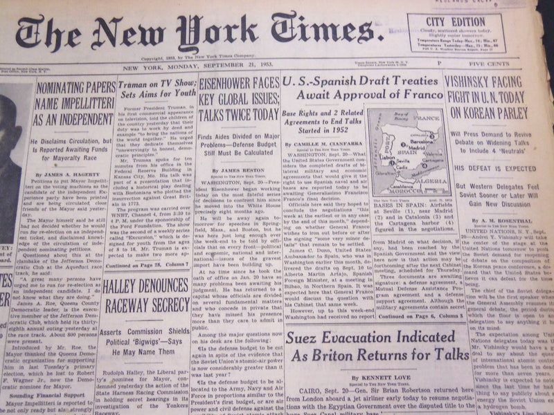 1953 SEPT 21 NEW YORK TIMES - VISHINSKY FACING FIGHT IN U. N. TODAY - NT 4612
