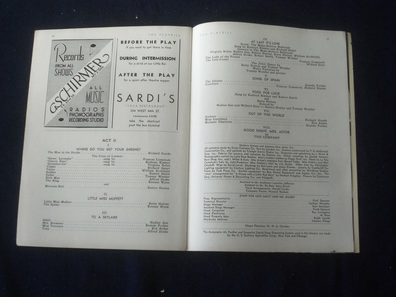 1940 FEBRUARY 19 PLAYBILL PROGRAM - TWO FOR THE SHOW -HUTTON-ARDEN-WYNN - J 6475