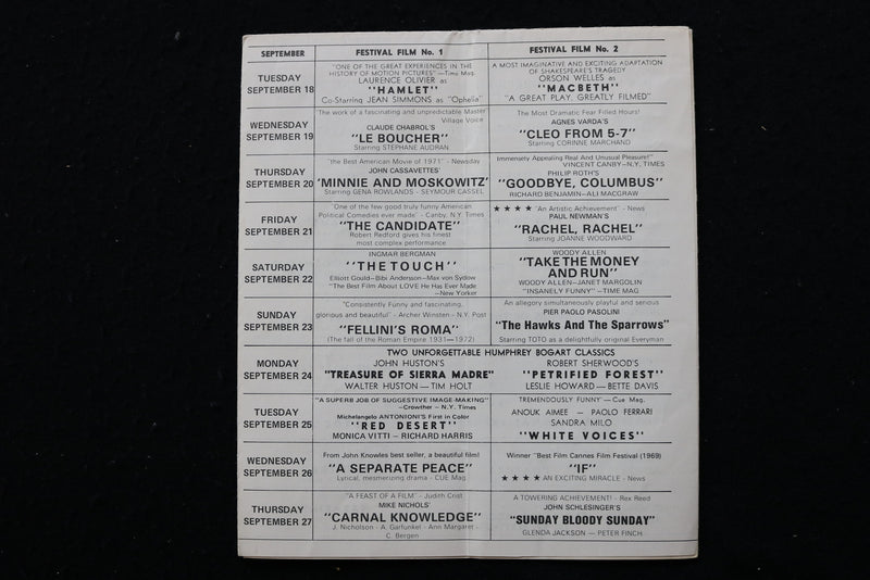 1973 JUNE-SEPTEMBER THALIA THEATRE SUMMER FILM FESTIVAL PROGRAM - K 1961