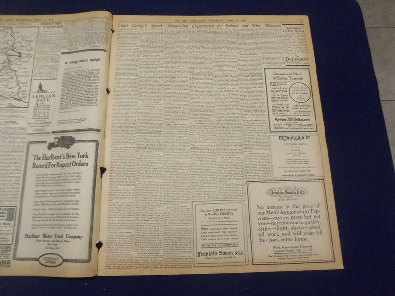 1918 APRIL 10 NEW YORK TIMES - ANGRY PROTESTS ROUSED BY LLOYD GEORGE - NT 8207