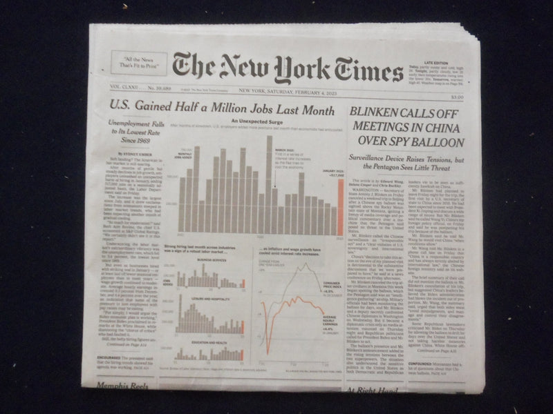 2023 FEB 4 NEW YORK TIMES - BLINKEN CALLS OFF MEETINGS IN CHINA OVER SPY BALLOON
