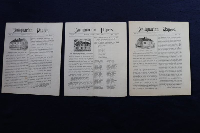 1879-1885 ANTIQUARIAN PAPERS - IPSWICH, MASSACHUSETTS - LOT OF 34 - K 780