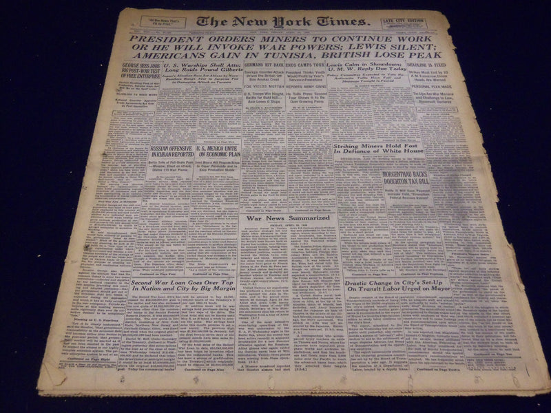 1943 APRIL 30 NEW YORK TIMES - PRESIDENT ORDERS MINERS TO CONTINUE WORK- NT 1750