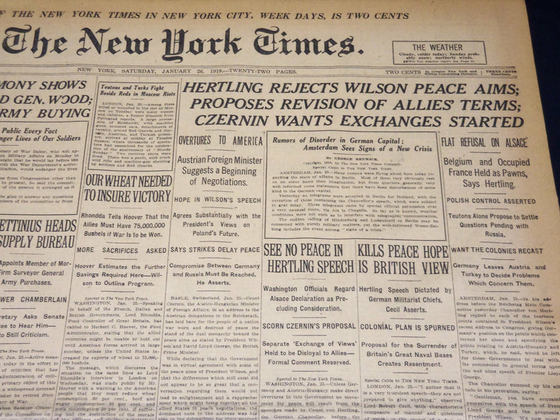 1918 JANUARY 26 NEW YORK TIMES - HERTLING REJECTS WILSON PEACE AIMS - NT 7936