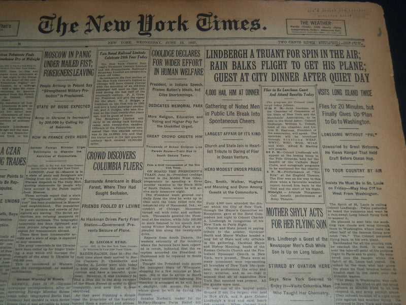 1927 JUNE 15 NEW YORK TIMES - LINDBERGH A TENANT FOR SPIN IN THE AIR - NT 7523