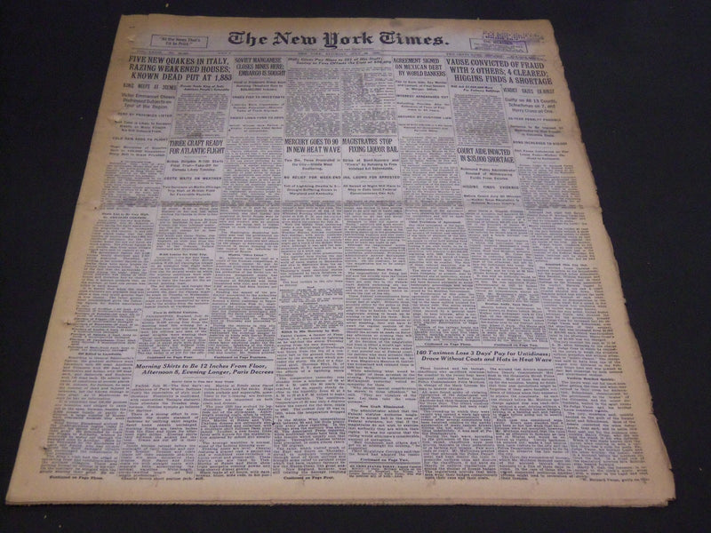 1930 JULY 26 NEW YORK TIMES - FIVE NEW QUAKES IN ITALY, 1883 KNOWN DEAD- NT 4939