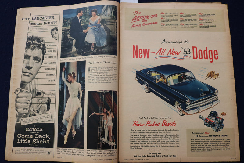 1952 NOV 16 SUNDAY NEWS PICTURE NEWSPAPER -RAY BOLGER-DORIS DAY-MOVIES - E 22771